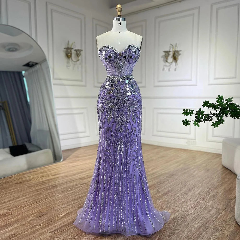 Serene Hill Arabic Blue Elegant Mermaid Beaded Luxury Dubai Evening Dresses Gowns 2025 for Women&