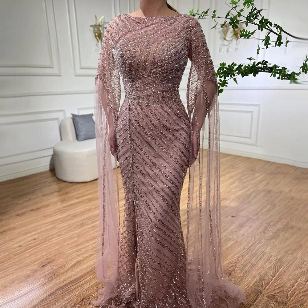 Serene Hill Arabic Blue Mermaid Elegant Cape Sleeves Split Beaded Evening Dresses Gowns For Women Wedding Party 2025 LA72084 - SERENE HILL