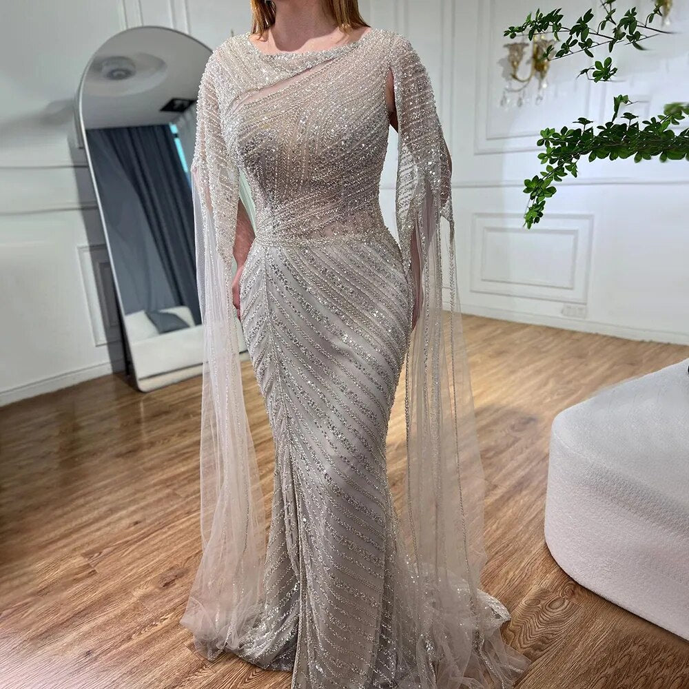 Serene Hill Arabic Blue Mermaid Elegant Cape Sleeves Split Beaded Evening Dresses Gowns For Women Wedding Party 2025 LA72084 - SERENE HILL