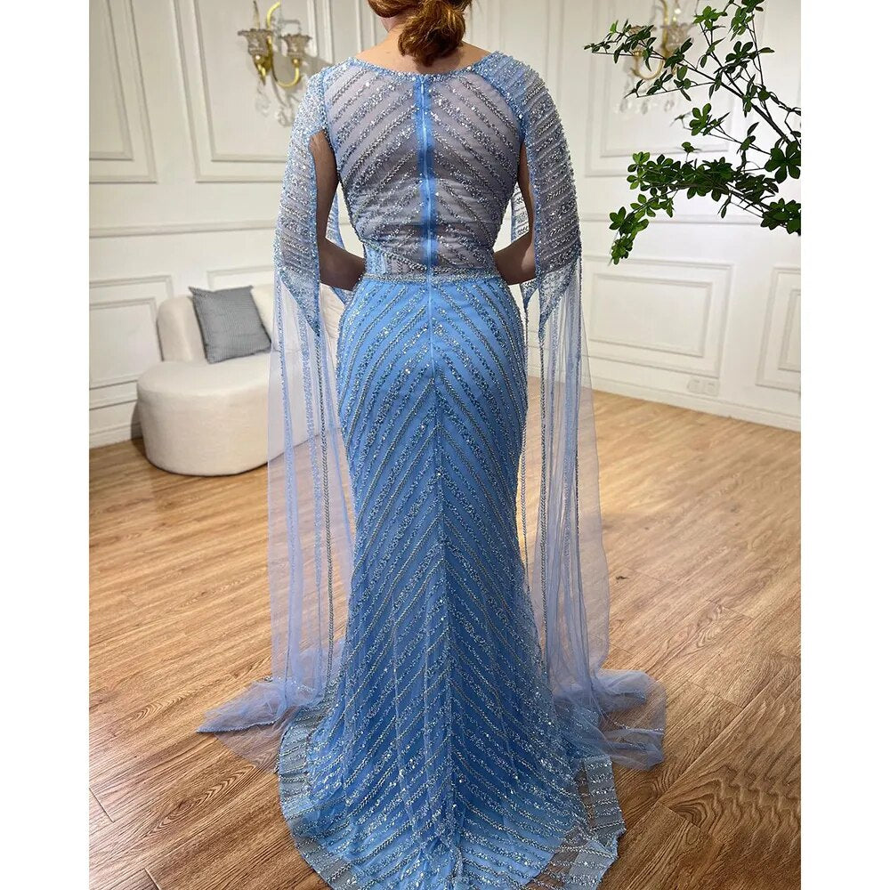 Serene Hill Arabic Blue Mermaid Elegant Cape Sleeves Split Beaded Evening Dresses Gowns For Women Wedding Party 2025 LA72084 - SERENE HILL
