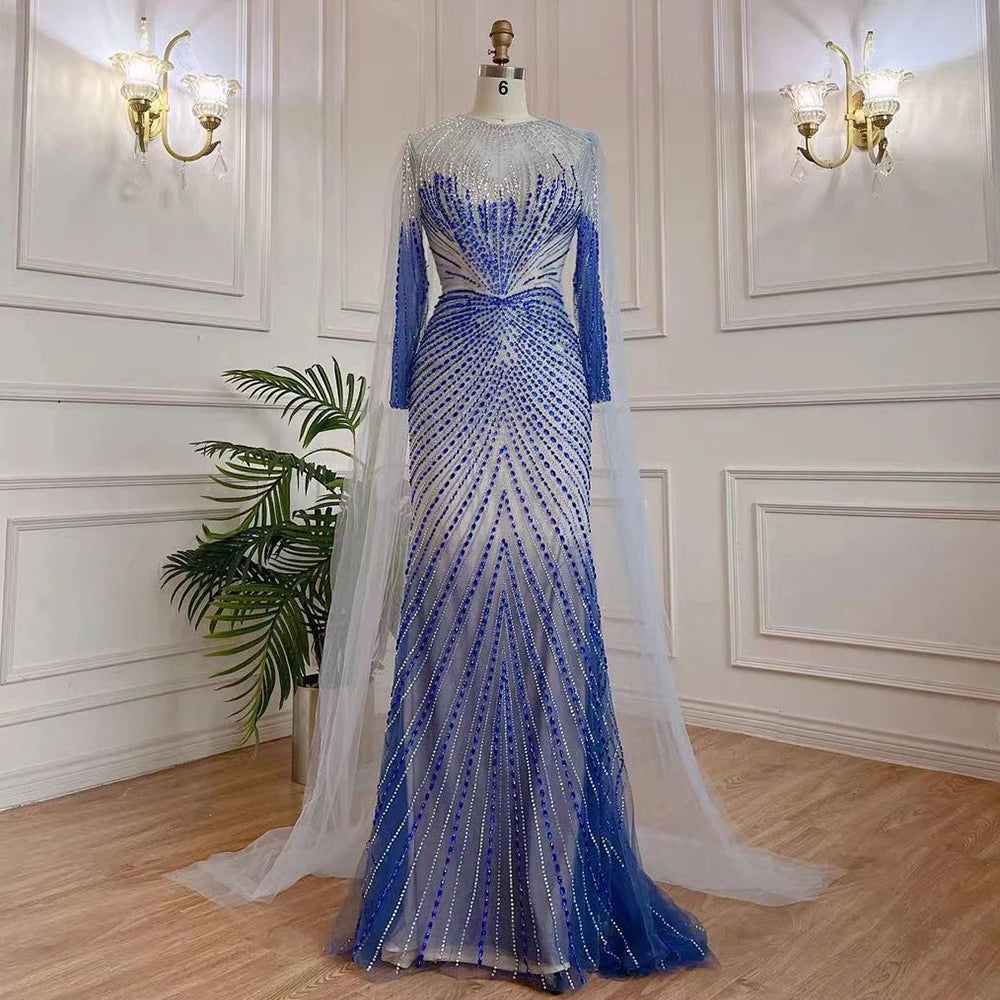 Luxury Dubai Arabic Blue Mermaid Elegant Evening Dresses Gowns Long Beaded Luxury For Women Party LA71846 - SERENE HILL