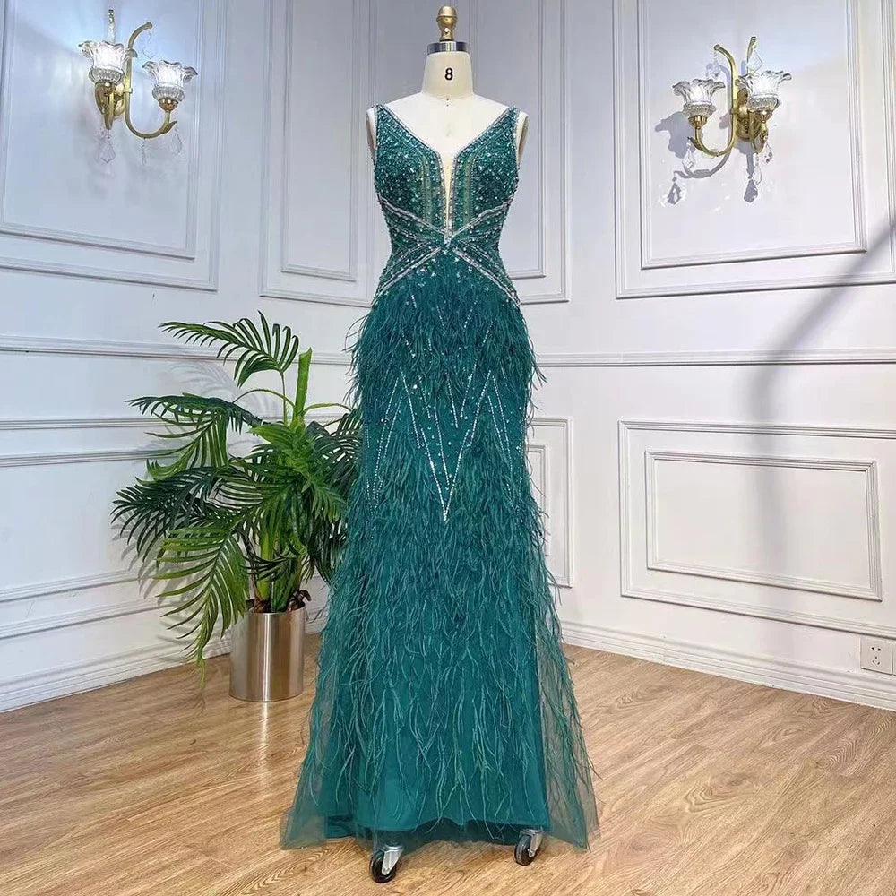 Serene Hill Arabic Blue Mermaid Elegant With Cape Luxury Beaded Feather Dubai Evening Dresses Gowns for Women Party LA71583B - SERENE HILL
