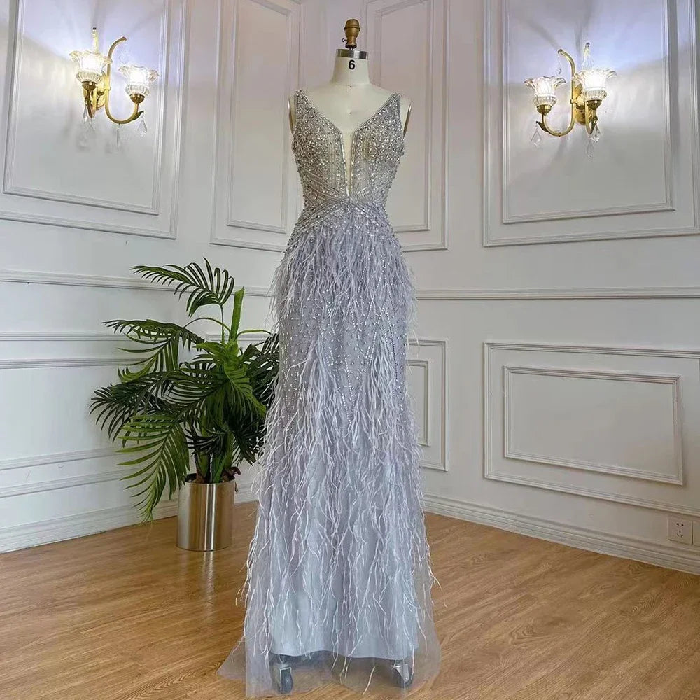Serene Hill Arabic Blue Mermaid Elegant With Cape Luxury Beaded Feather Dubai Evening Dresses Gowns for Women Party LA71583B - SERENE HILL