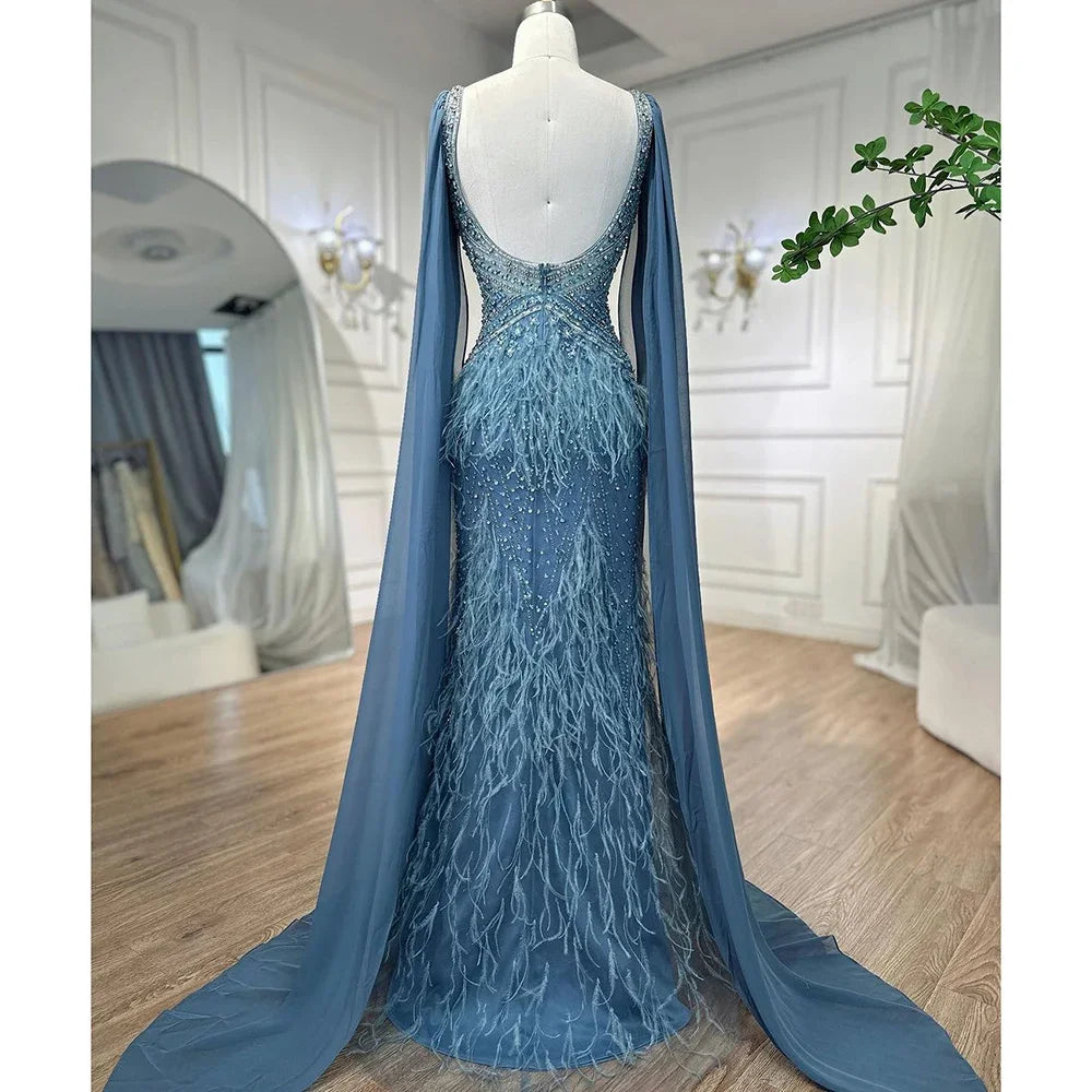 Serene Hill Arabic Blue Mermaid Elegant With Cape Luxury Beaded Feather Dubai Evening Dresses Gowns for Women Party LA71583B - SERENE HILL