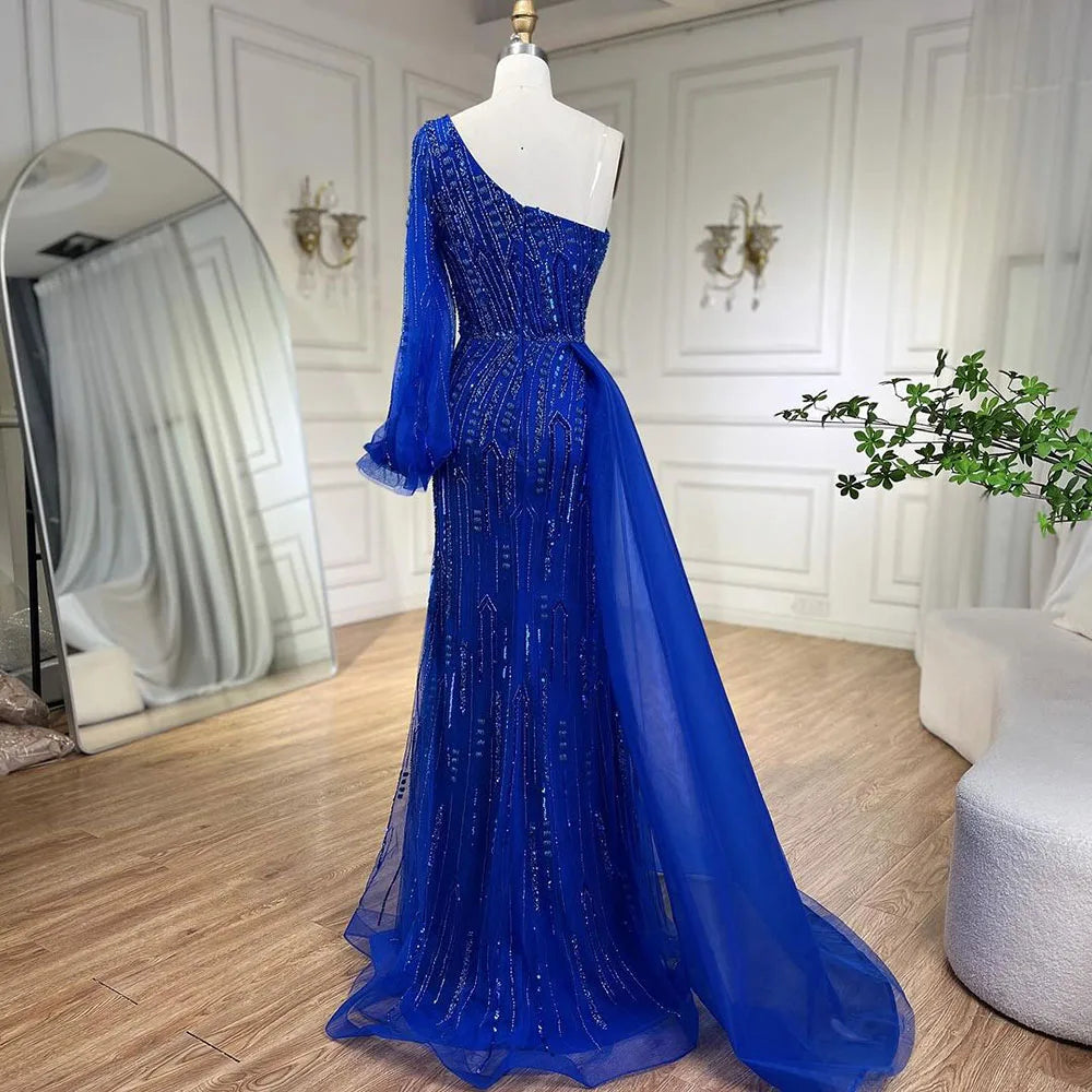 Serene Hill Arabic Blue Mermaid Evening Gown with Beaded Overskirt - Luxury Dresses for Woman&