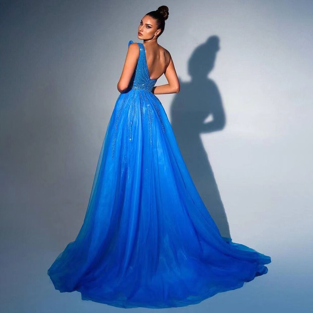 Serene Hill Arabic Blue Sexy High Split Luxury Beaded Dubai Evening Dresses For Women Wedding Party 2025 LA71921 - SERENE HILL