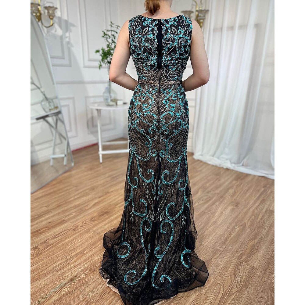 On Sale No Return No Refund Serene Hill Arabic Blue Sleeveless Mermaid Luxury Evening Dresses Gowns 2025 Lace Beaded Elegant For Woman Wedding Party LA6358 - SERENE HILL