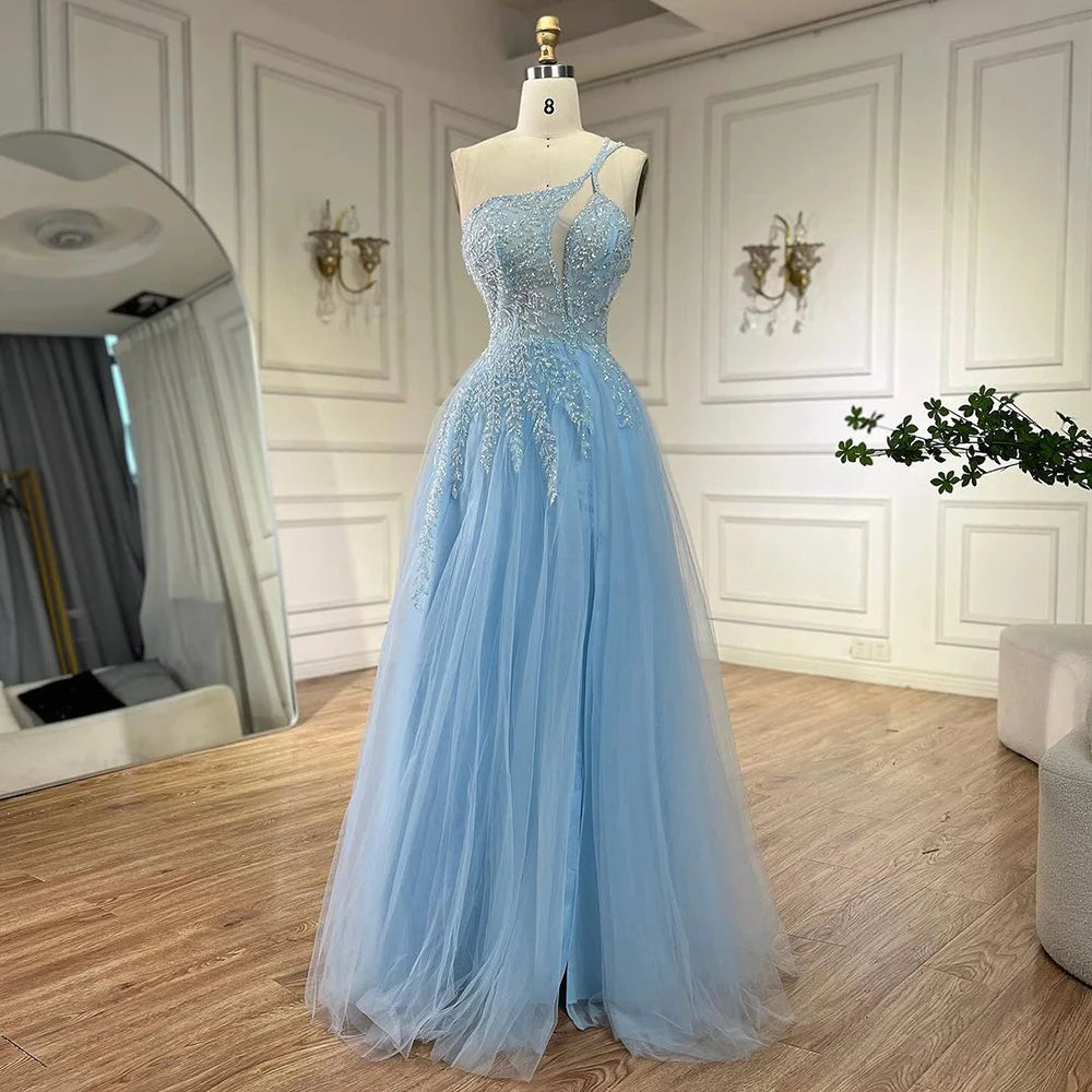 Serene Hill Blue Spaghetti Strap A Line One Shoulder Prom Dress 2025 LA72589 - SERENE HILL