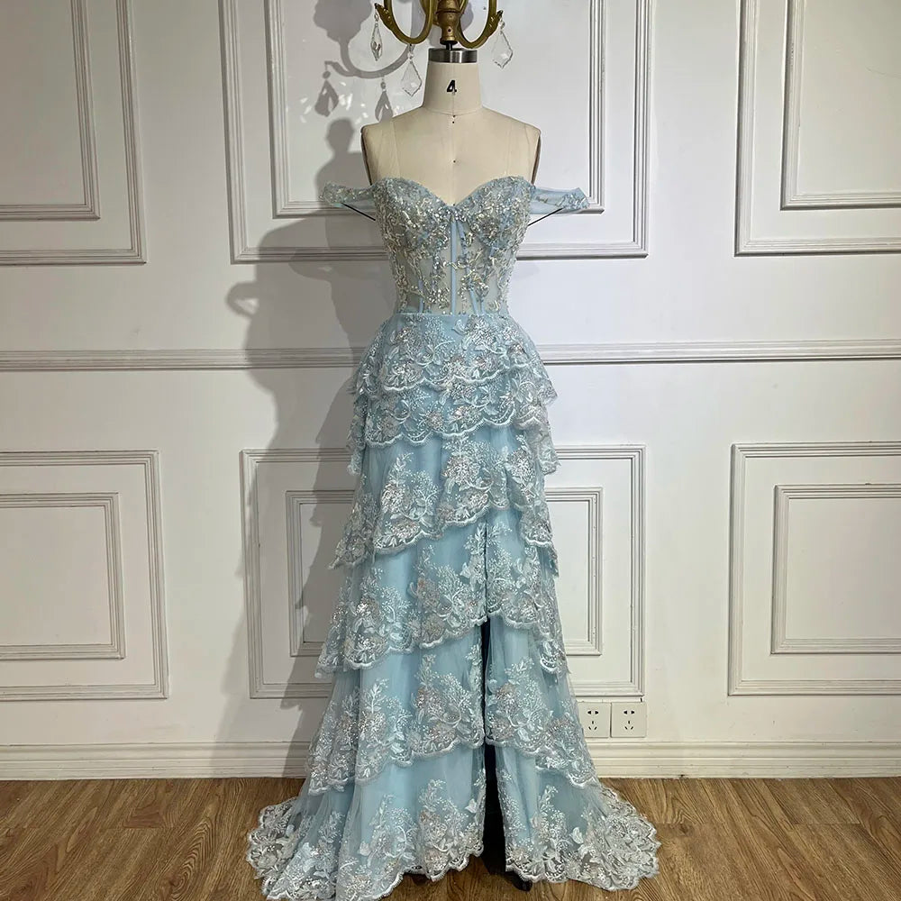 Serene Hill Arabic Blue Spaghetti Strap Tiered Beaded Evening Gown with Front Split for Women - Wedding Party 2025 LA72593 - SERENE HILL