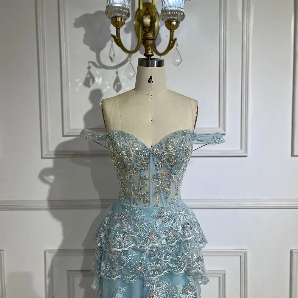 Serene Hill Arabic Blue Spaghetti Strap Tiered Beaded Evening Gown with Front Split for Women - Wedding Party 2025 LA72593 - SERENE HILL
