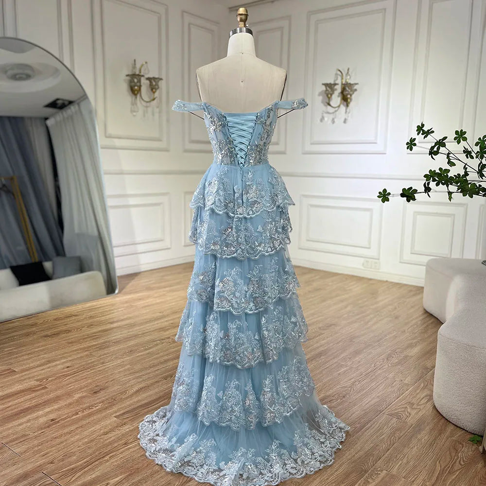 Serene Hill Arabic Blue Spaghetti Strap Tiered Beaded Evening Gown with Front Split for Women - Wedding Party 2025 LA72593 - SERENE HILL