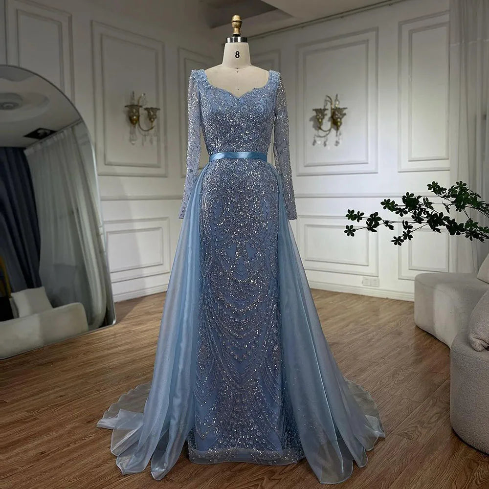 Serene Hill Arabic Blue Sweetheart Mermaid Evening Gown Beaded Overskirt - Luxury Dresses for Woman&