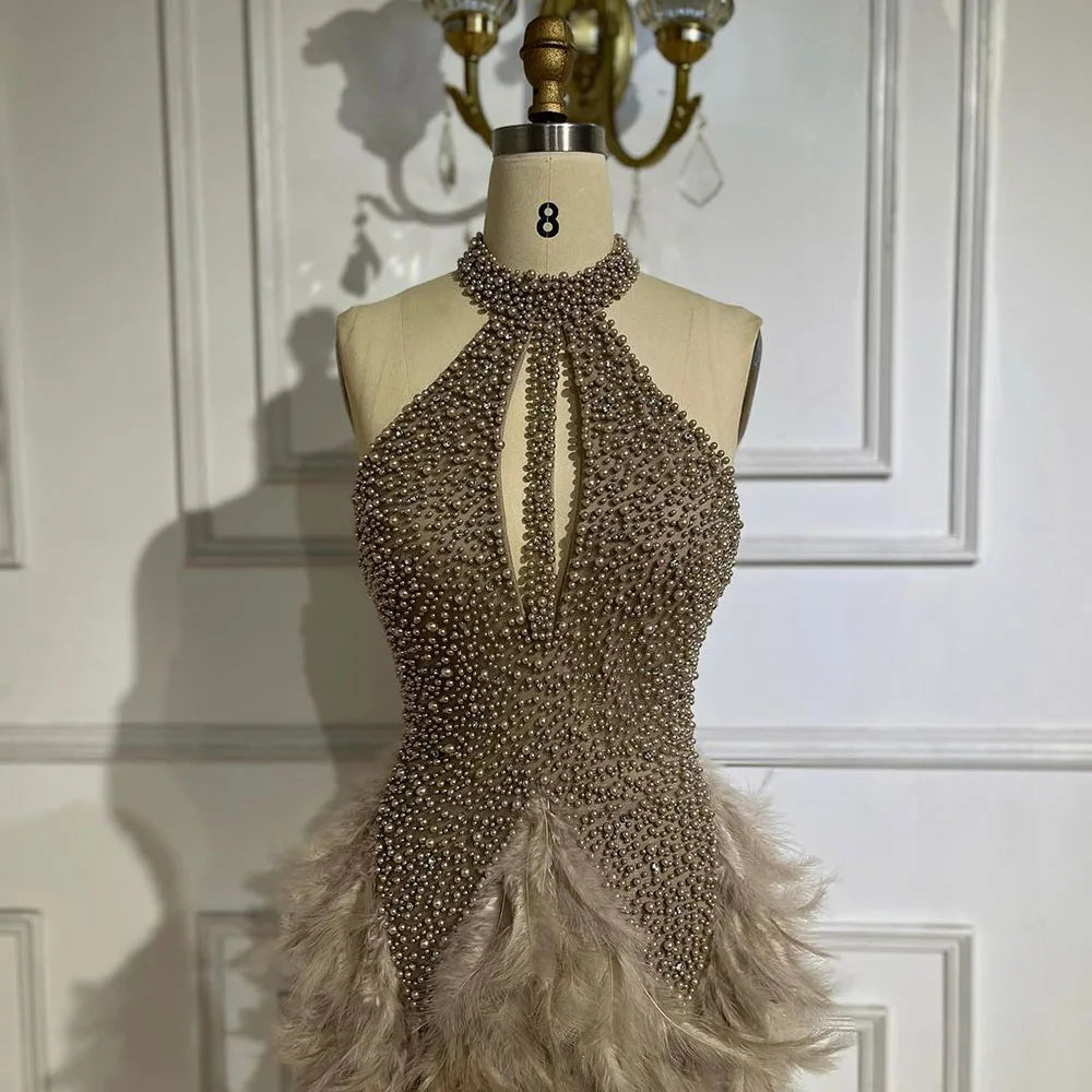 Serene Hill Arabic Brown Elegant Short Dresses Beaded Feathers Mermaid Cocktail Gowns 2025 For Women Party Couture LA72549 - SERENE HILL
