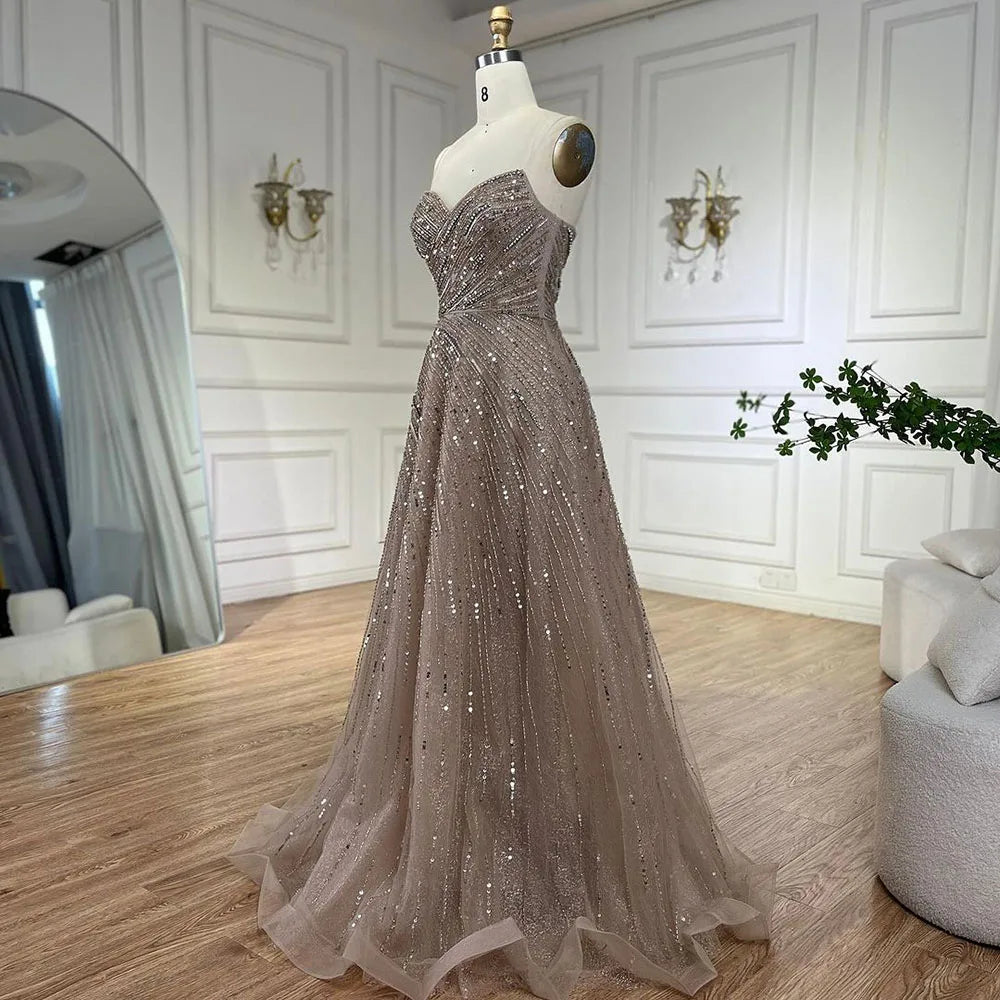 Serene Hill Arabic Caramel A Line Beaded Luxury Dubai Evening Dresses Gowns For Women Wedding Party 2025 LA72563 - SERENE HILL