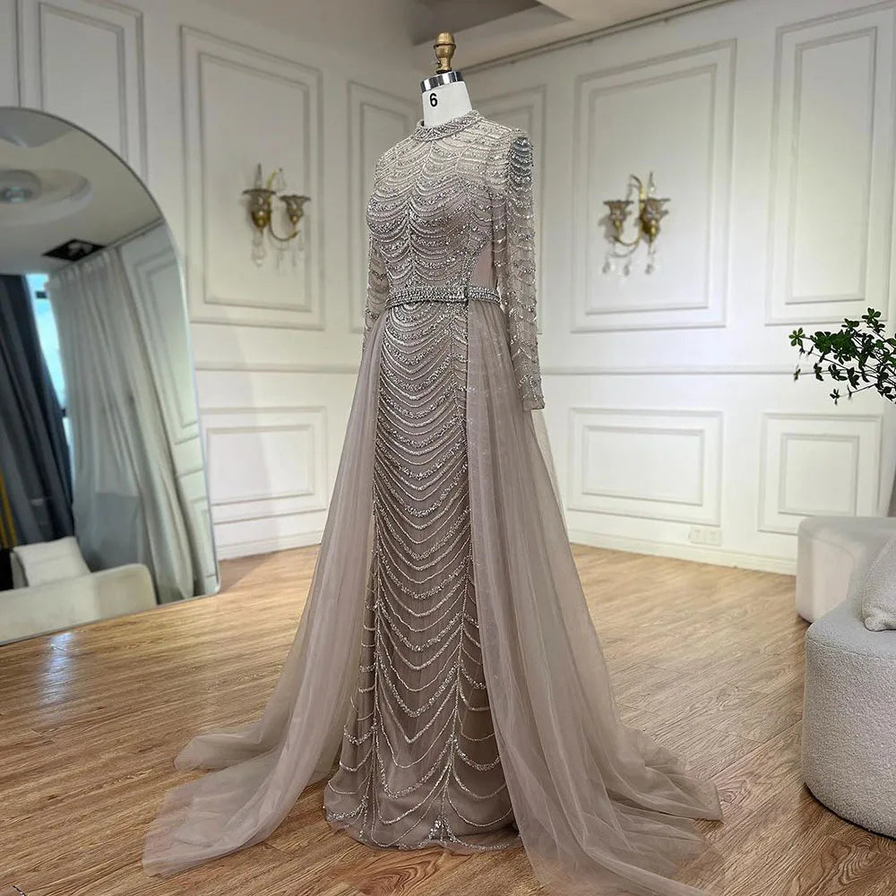 Serene Hill Arabic Caramel Beaded Overskirt Dubai Mermaid Evening Gown Luxury Dresses for Woman&