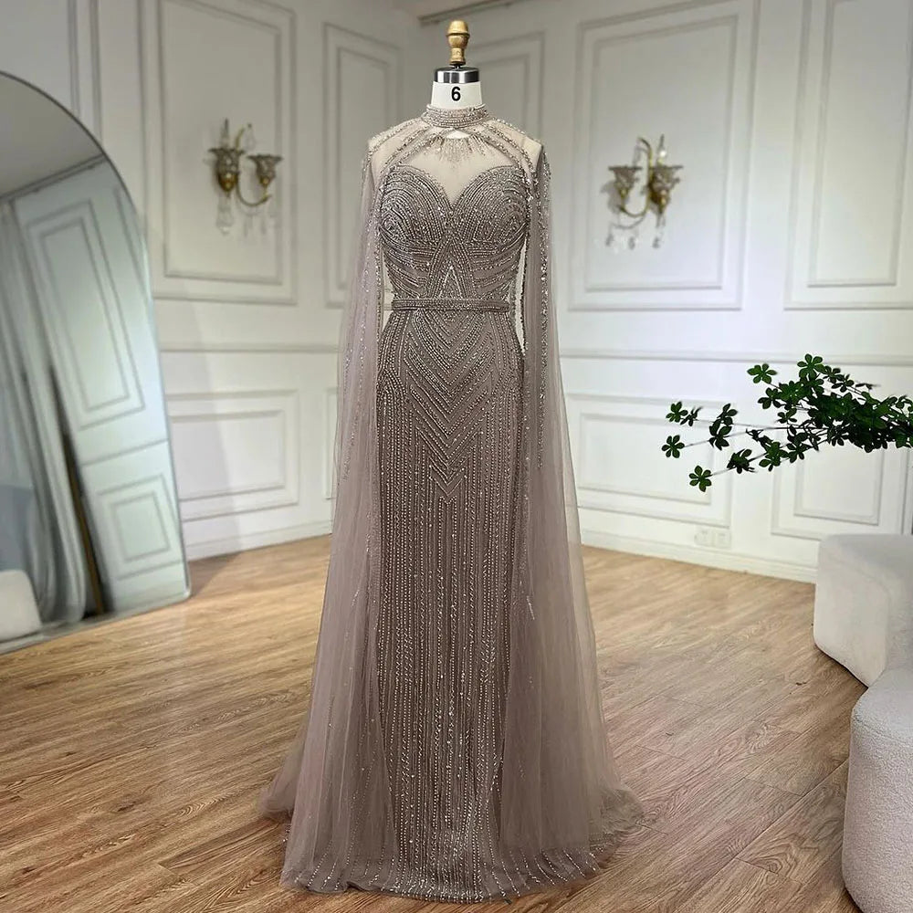 Luxury Nude Mermaid Evening Dress with Cape Sleeve LA72233A - SERENE HILL