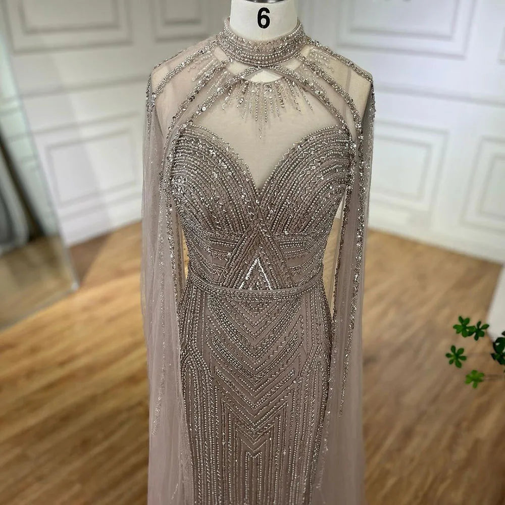 Luxury Nude Mermaid Evening Dress with Cape Sleeve LA72233A - SERENE HILL