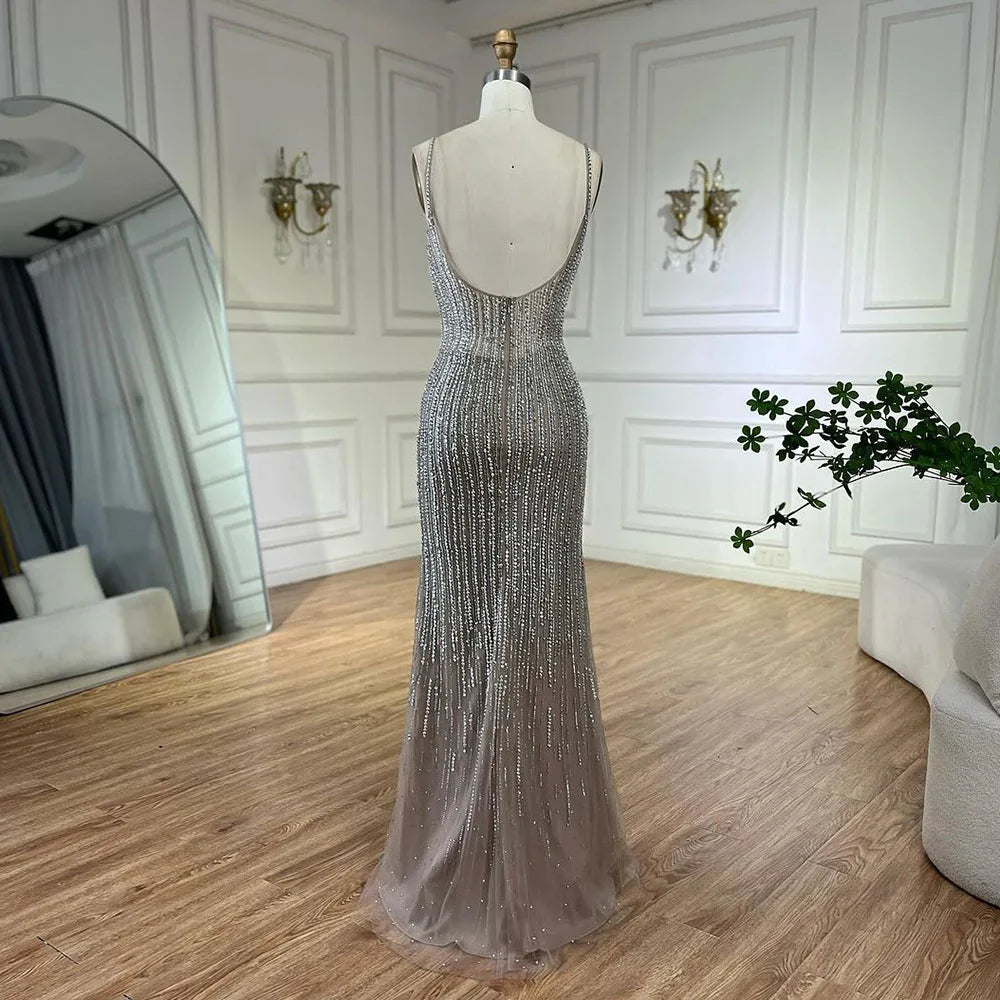 Serene Hill Arabic Caramel Elegant Mermaid Beaded Feathers Long Cloak Evening Dresses Gowns For Women Wedding Party LA72551 - SERENE HILL