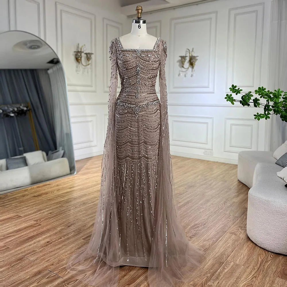 Luxury Beaded Caramel Evening Dress with Cape Sleeve LA72604 - SERENE HILL
