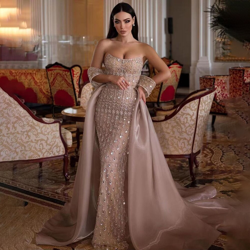 Luxury Caramel Beaded Mermaid Evening Dress with Overskirt LA71922 Caramel / 14