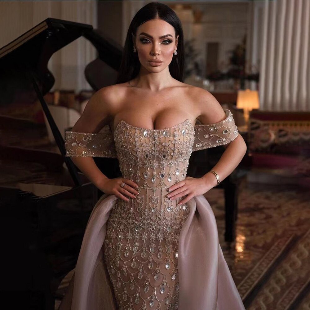 Luxury Caramel Beaded Mermaid Evening Dress with Overskirt LA71922 - SERENE HILL