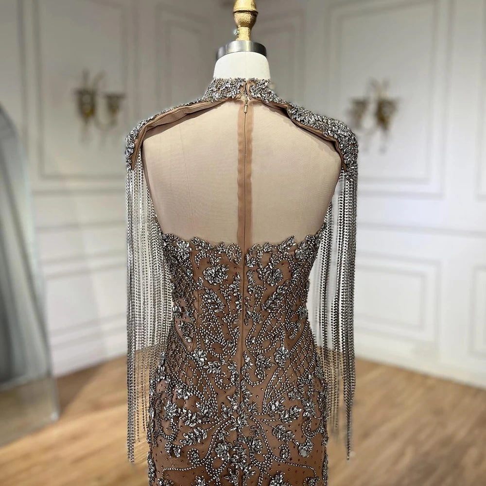 Luxury Dubai Caramel Mermaid Tassel Beaded Evening Dress LA72237A - SERENE HILL