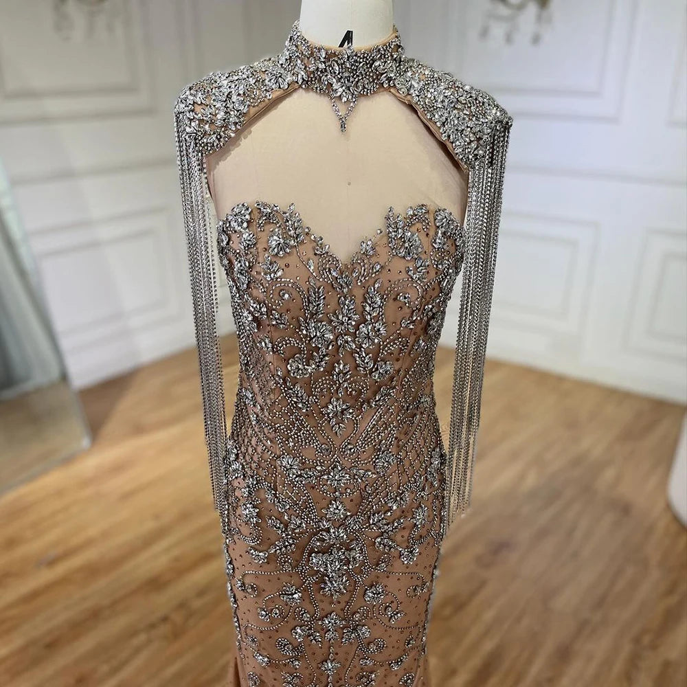 Luxury Dubai Caramel Mermaid Tassel Beaded Evening Dress LA72237A - SERENE HILL