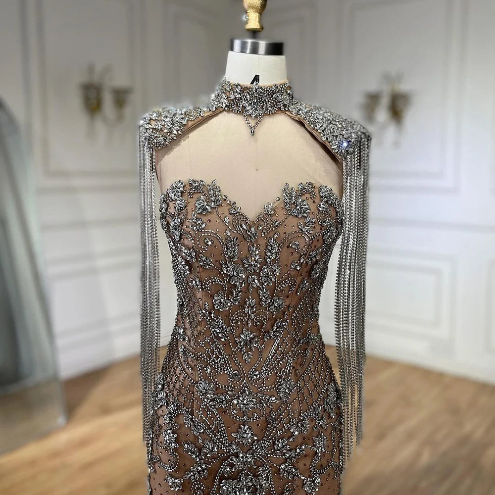 Luxury Dubai Caramel Mermaid Tassel Beaded Evening Dress LA72237A - SERENE HILL