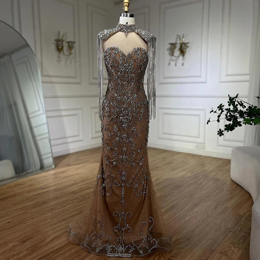 Luxury Dubai Caramel Mermaid Tassel Beaded Evening Dress LA72237A - SERENE HILL