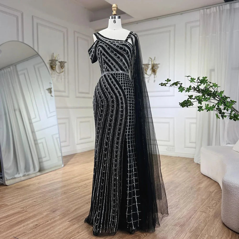 Serene Hill Arabic Dubai Black Long Cloak Mermaid Beaded Luxury Evening Dresses Gowns for Women Wedding Party 2025 LA72296 - SERENE HILL