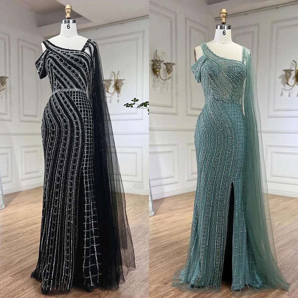 Serene Hill Arabic Dubai Black Long Cloak Mermaid Beaded Luxury Evening Dresses Gowns for Women Wedding Party 2025 LA72296 - SERENE HILL
