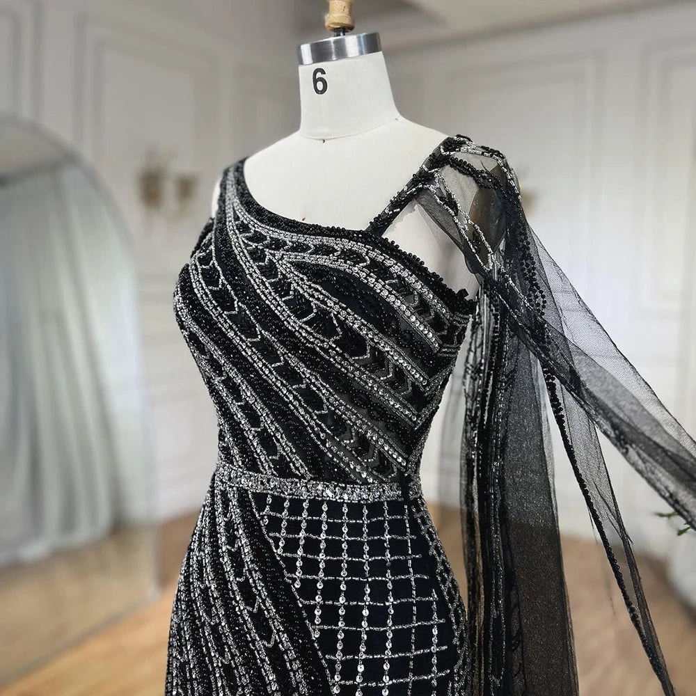 Serene Hill Arabic Dubai Black Long Cloak Mermaid Beaded Luxury Evening Dresses Gowns for Women Wedding Party 2025 LA72296 - SERENE HILL