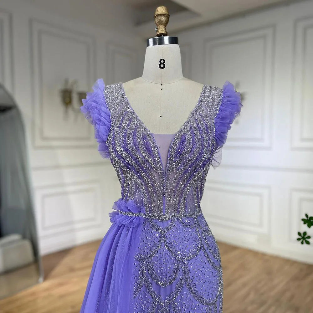 Serene Hill Arabic Dubai Lilac Mermaid With Overskirt Beaded Luxury Evening Dresses Gowns for Women Wedding Party 2025 LA72564 - SERENE HILL
