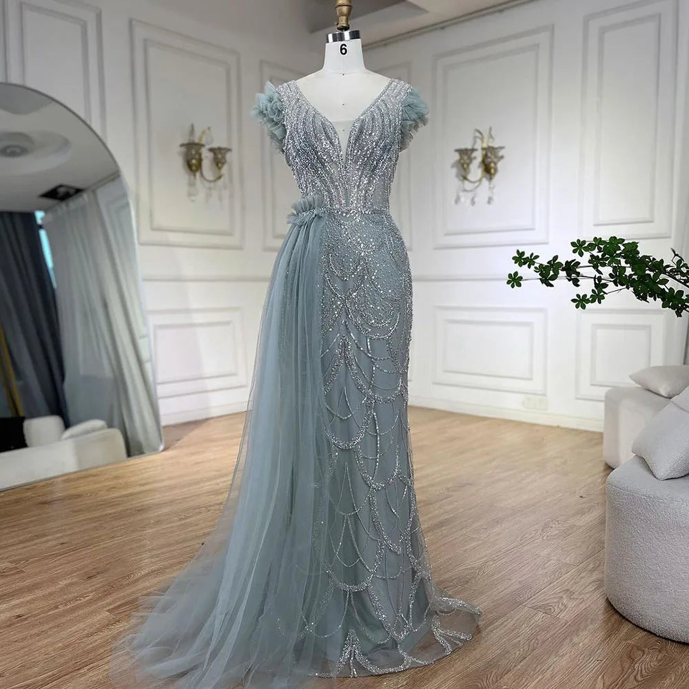 Serene Hill Arabic Dubai Lilac Mermaid With Overskirt Beaded Luxury Evening Dresses Gowns for Women Wedding Party 2025 LA72564 - SERENE HILL