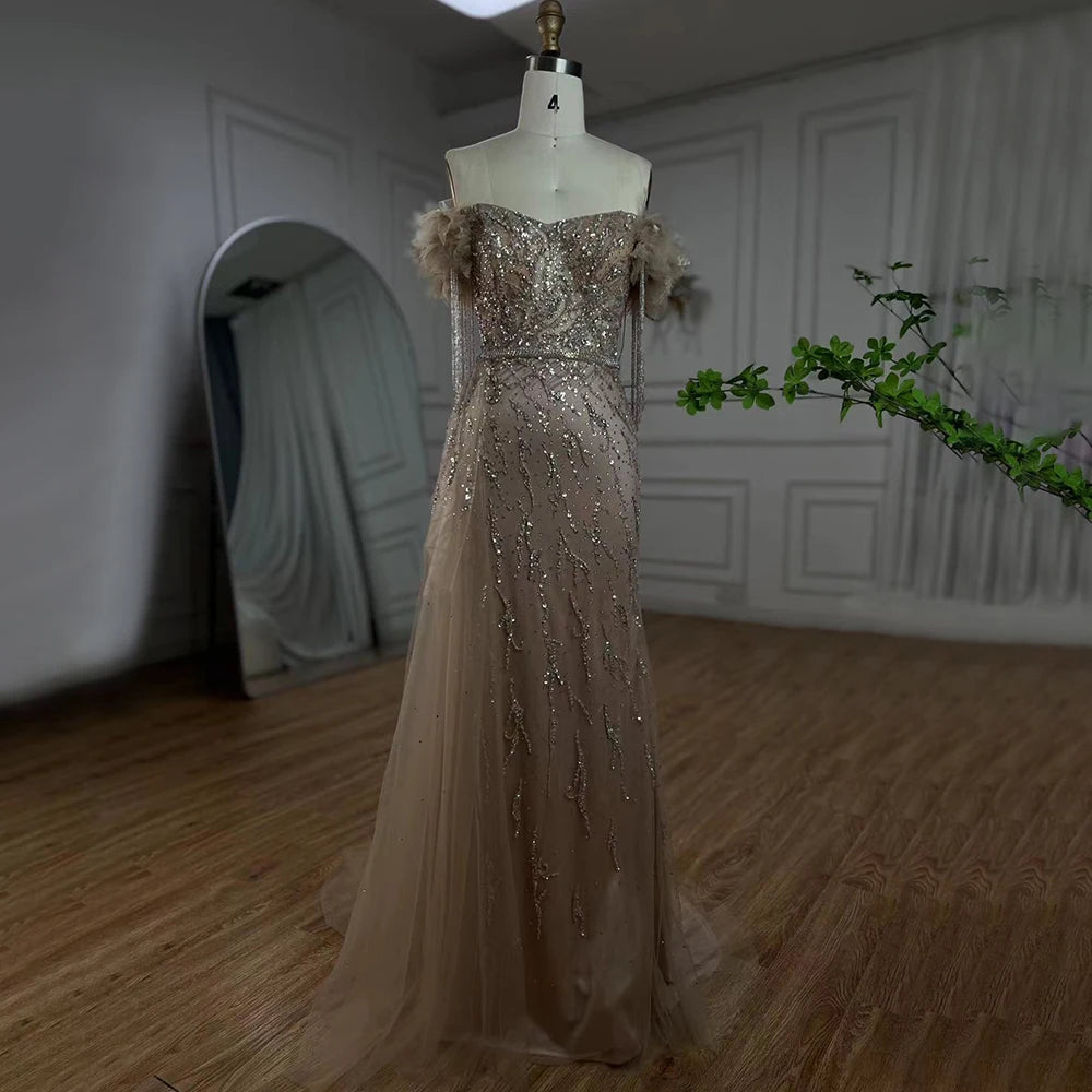 Serene Hill Arabic Dubai Nude Mermaid Luxury Evening Dresses Gowns Boat Neck Beaded Tassel For Women Wedding Party 2025 LA72260 - SERENE HILL