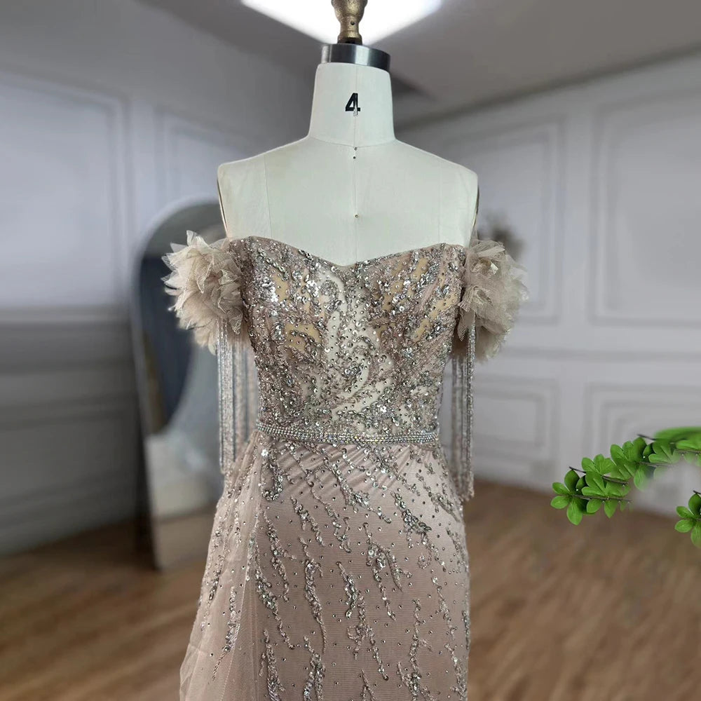 Serene Hill Arabic Dubai Nude Mermaid Luxury Evening Dresses Gowns Boat Neck Beaded Tassel For Women Wedding Party 2025 LA72260 - SERENE HILL