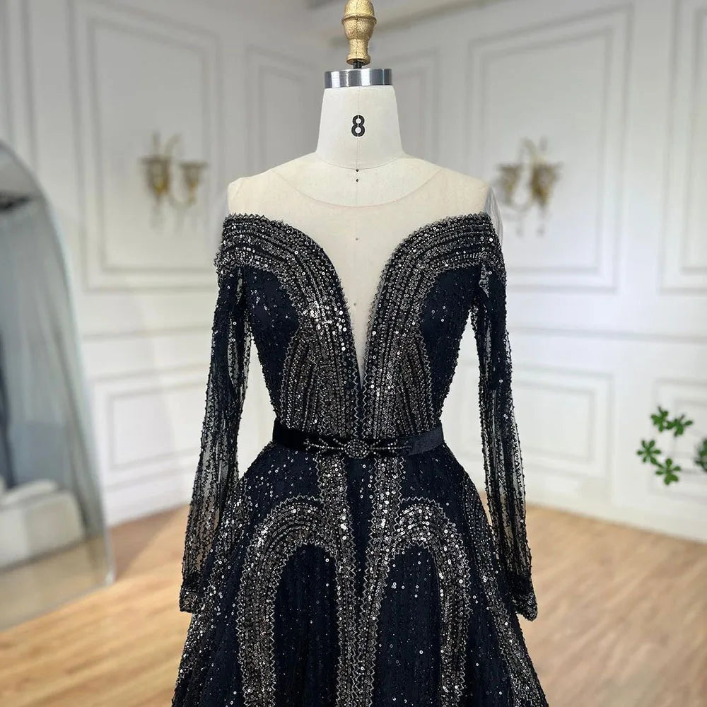 Serene Hill Arabic Elegant Black A Line Shiny Beaded Luxury Dubai Evening Dresses Gowns For Women Wedding Party 2025 LA72566 - SERENE HILL
