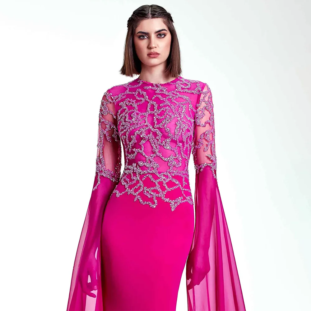 Serene Hill Arabic Fuchsia Mermaid Cape Sleeves Luxury Dubai Evening Dress Beaded With Gloves for Women&