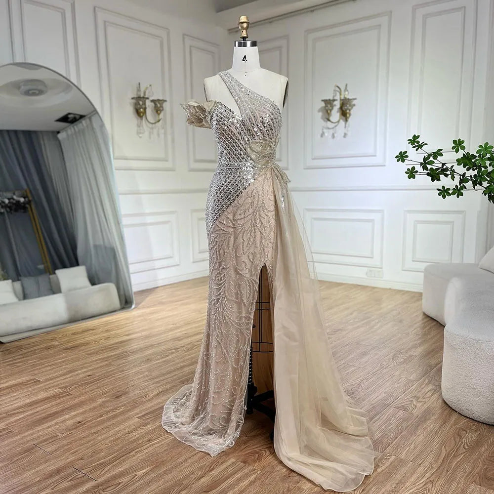 Serene Hill Arabic Fuchsia One-Shoulder Tulle Overskirt Mermaid Beaded Evening Gown for Women | Wedding Party 2025 LA72599 - SERENE HILL