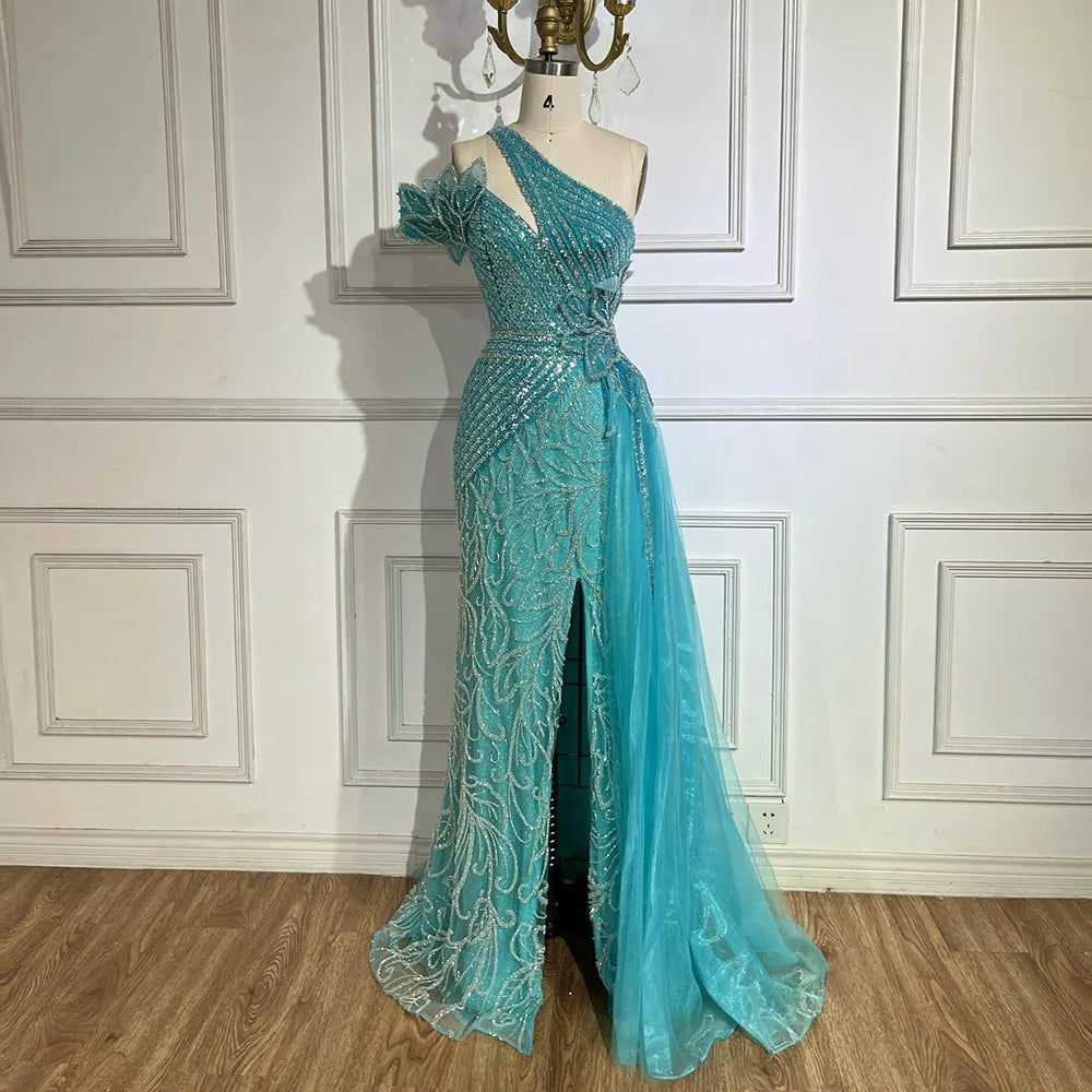 Serene Hill Arabic Fuchsia One-Shoulder Tulle Overskirt Mermaid Beaded Evening Gown for Women | Wedding Party 2025 LA72599 - SERENE HILL