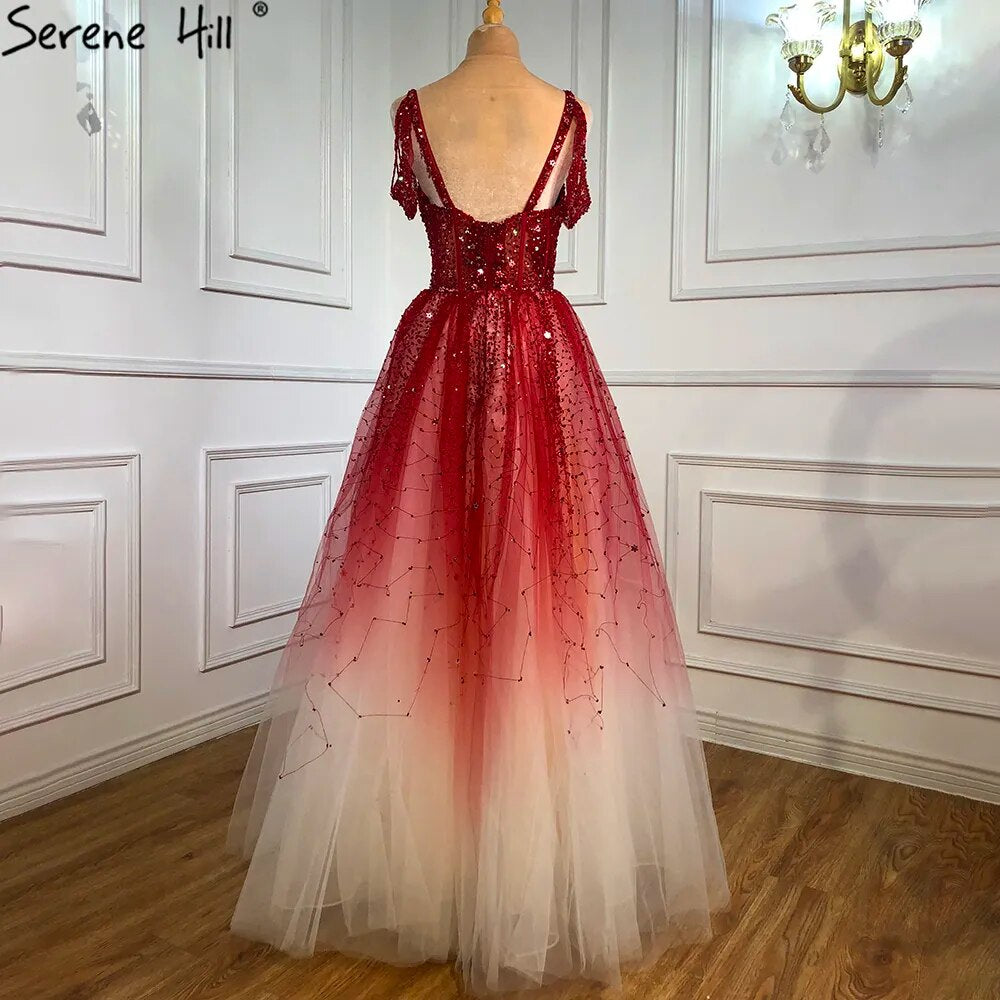 Serene Hill Arabic Gradual Change Red Evening Dresses Gowns 2025 Beaded Luxury A Line Sexy For Women Wedding Party LA70983 - SERENE HILL