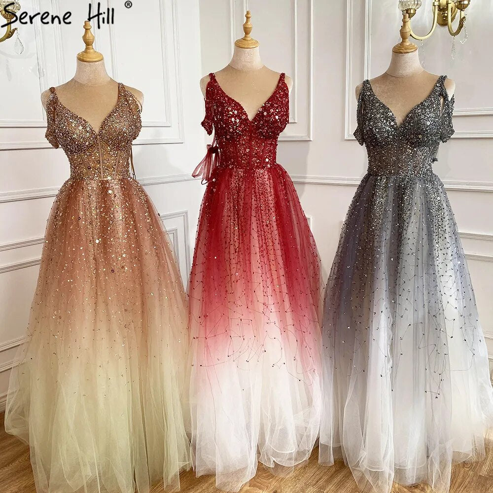 Serene Hill Arabic Gradual Change Red Evening Dresses Gowns 2025 Beaded Luxury A Line Sexy For Women Wedding Party LA70983 - SERENE HILL