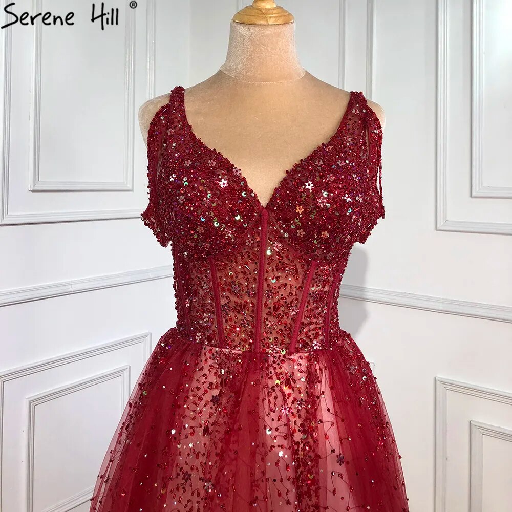 Serene Hill Arabic Gradual Change Red Evening Dresses Gowns 2025 Beaded Luxury A Line Sexy For Women Wedding Party LA70983 - SERENE HILL