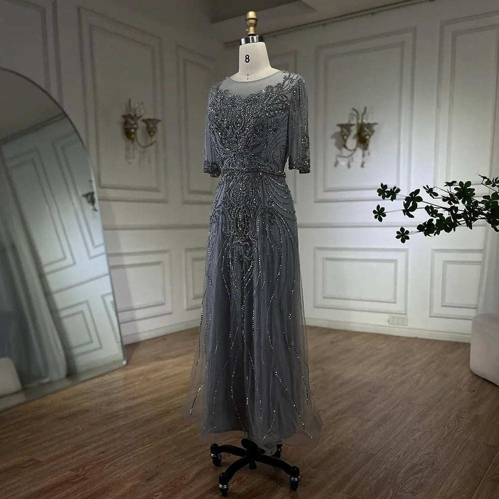 Serene Hill Arabic Gray Elegant Tea Length Mermaid Beaded Luxury Evening Dresses Gowns for Women Wedding Party 2025 LA72559 - SERENE HILL