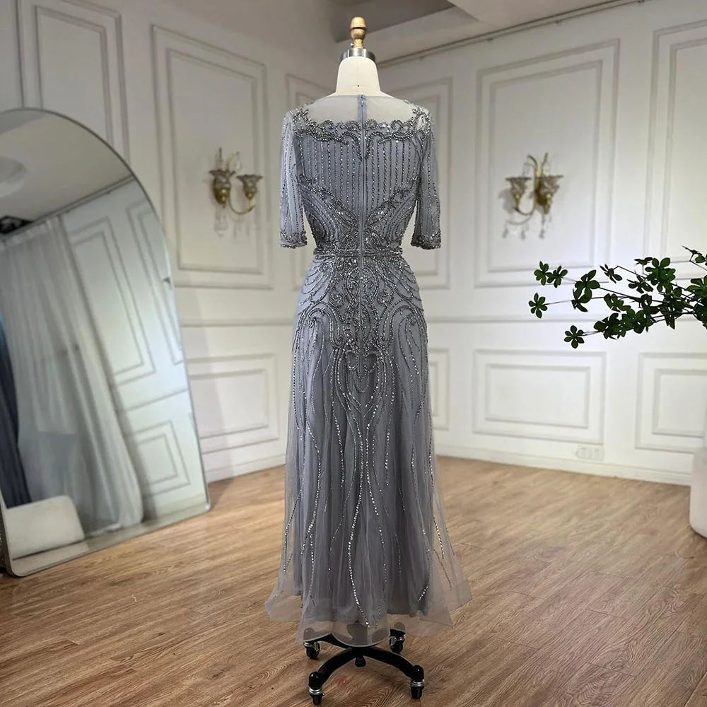 Serene Hill Arabic Gray Elegant Tea Length Mermaid Beaded Luxury Evening Dresses Gowns for Women Wedding Party 2025 LA72559 - SERENE HILL