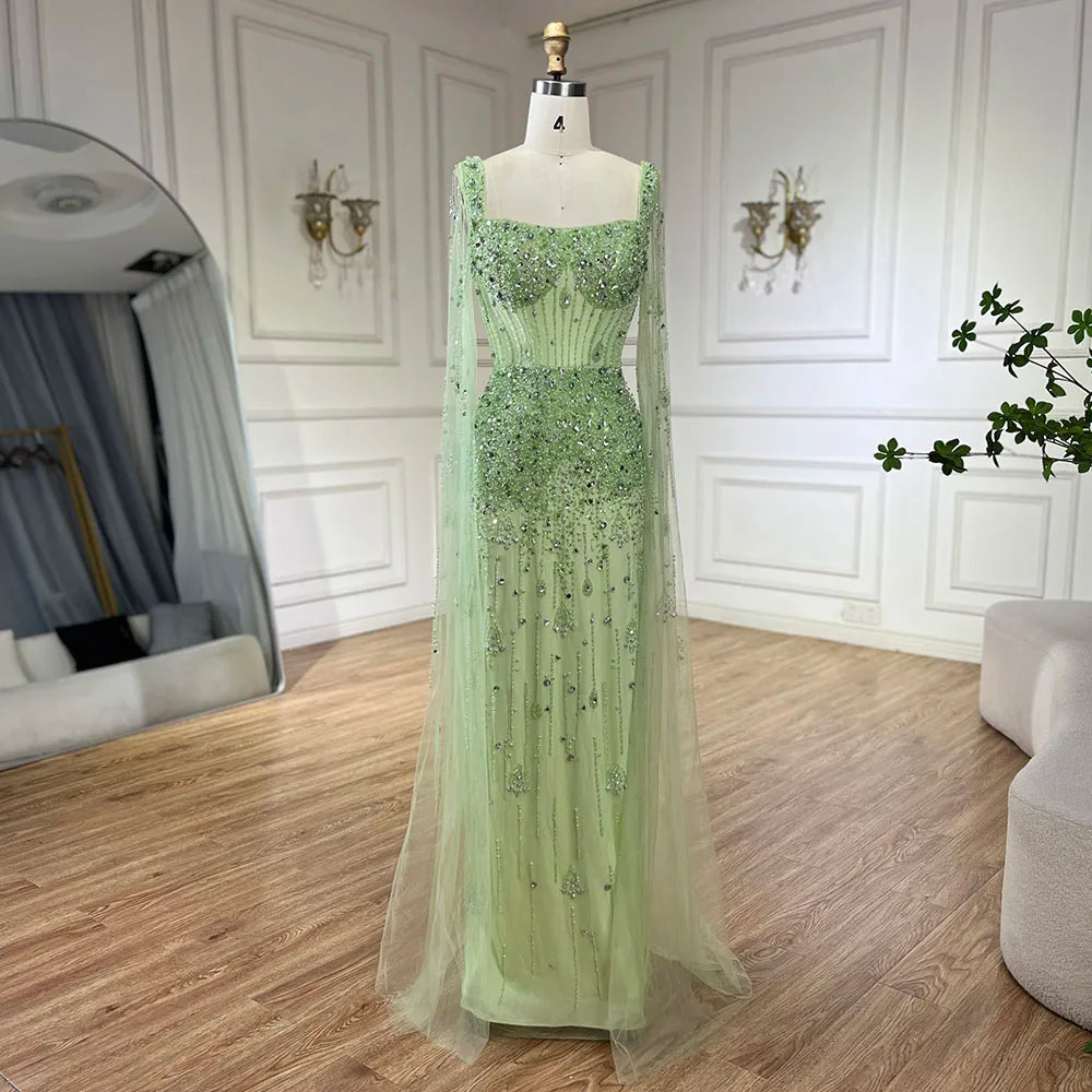 Serene Hill Arabic Gray Mermaid Beaded Luxury Dubai Long Evening Gown with Cape Sleeves Elegant for Women - Party 2025 LA72592 - SERENE HILL
