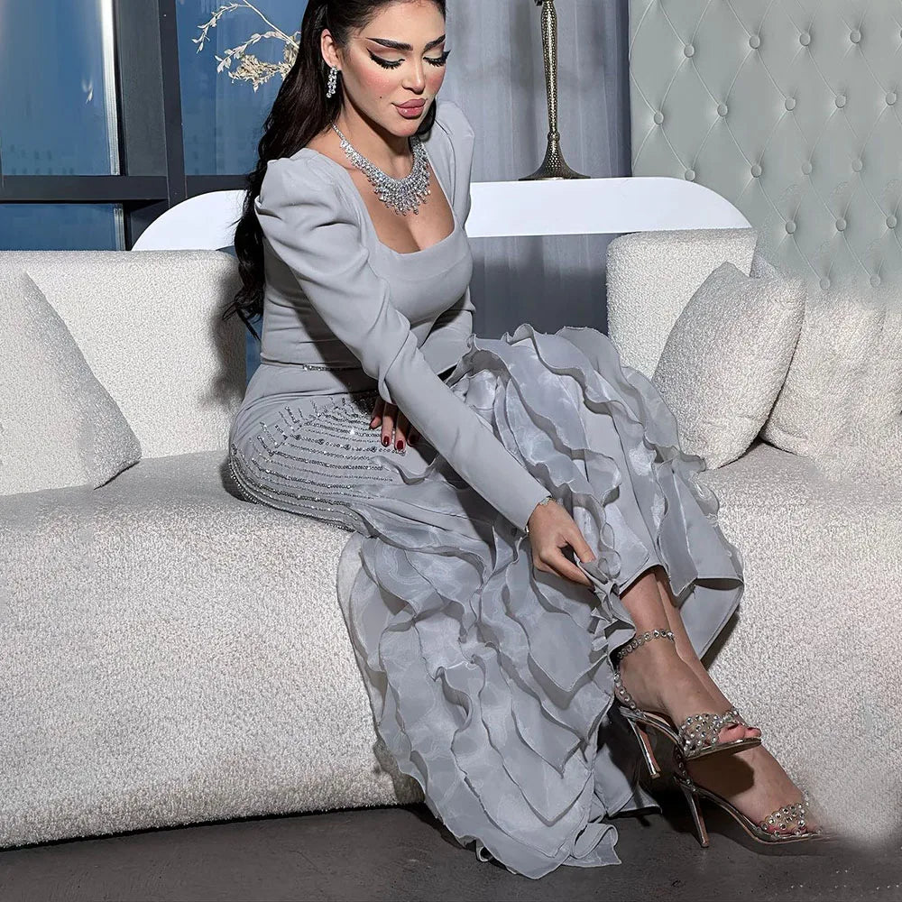 Serene Hill Arabic Gray Mermaid Elegant Ankle Length Beaded Satin Luxury Evening Dresses Gowns For Women Party 2025 LA72317 - SERENE HILL