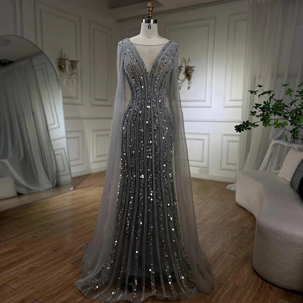 Mermaid Silver Gray Evening Dresses with Cape Sleeves LA72289 - SERENE HILL