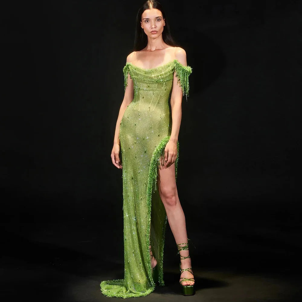 Serene Hill Arabic Green Crystal Tassel Saudi Evening Dresses Gowns High Split Prom Dress for Women Wedding Party 2025 LA72490 - SERENE HILL