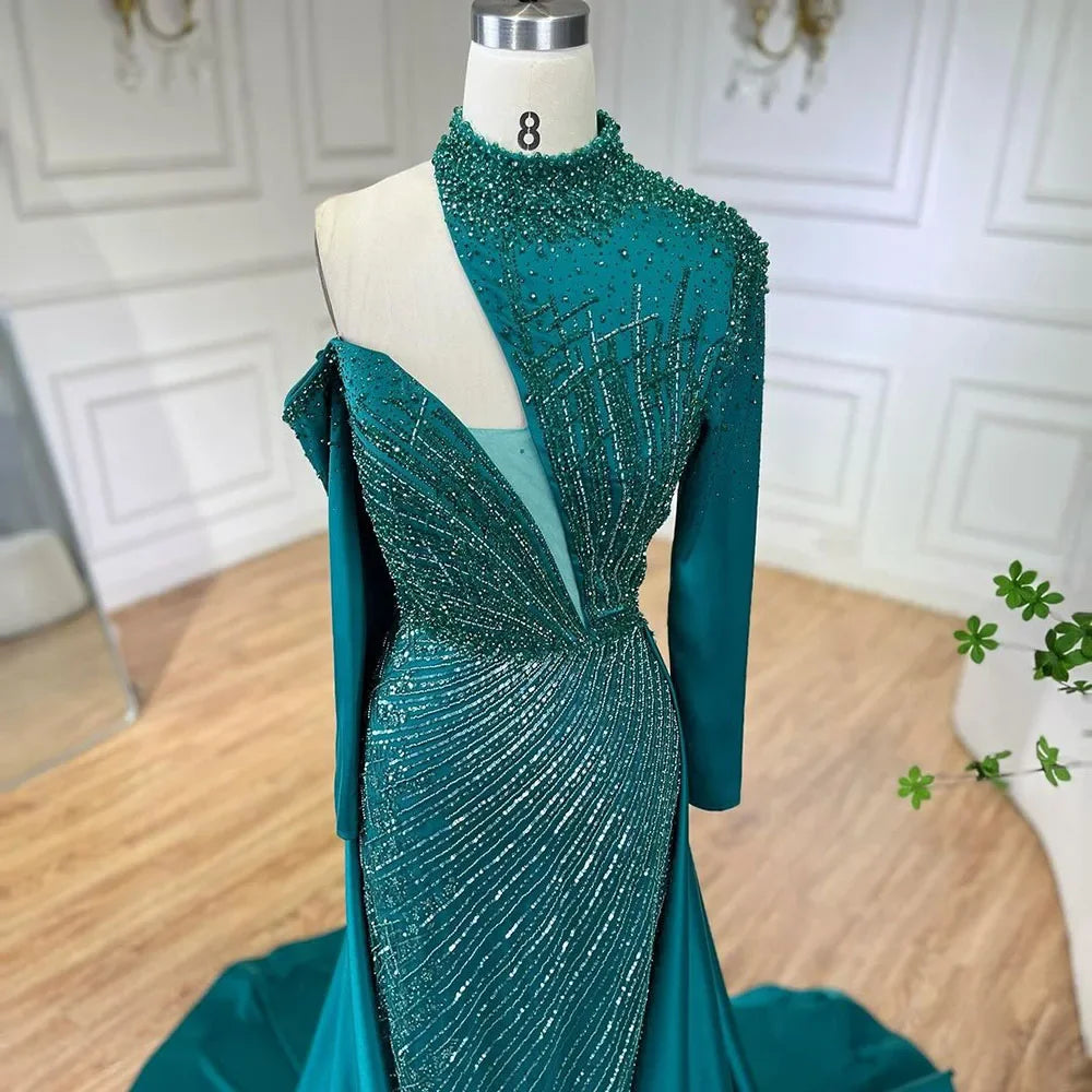 Serene Hill Arabic Green Elegant Mermaid One Shoulder Beaded Luxury Dubai Evening Dresses Gowns For Women Wedding Party LA72550 - SERENE HILL
